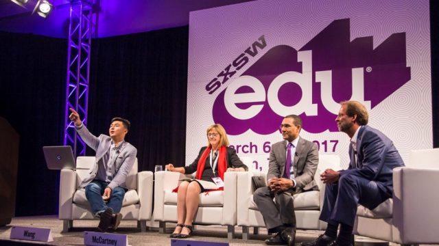 SXSW EDU program 2017 Featured Session, Liberal Arts 2.0: The Role of Colleges in Society, with Daniel Porterfield, Kathleen McCartney, Sean Decatur, Z Michael Wang.