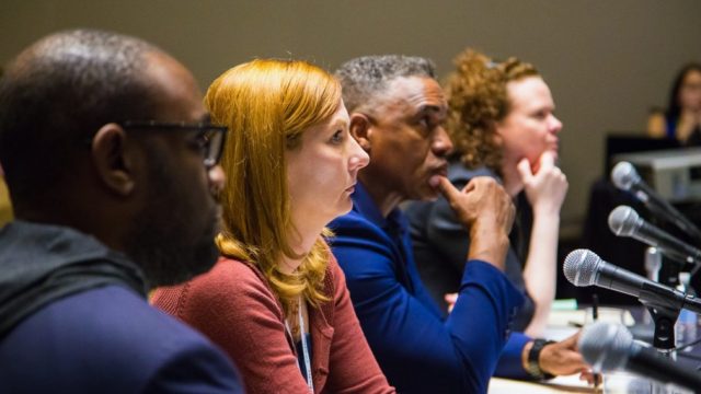 SXSW EDU 2017 Launch competition showdown round judges, Aaron Walker, Corinne Weisgerber, Darryl Adams and Eileen Murphy Buckley.