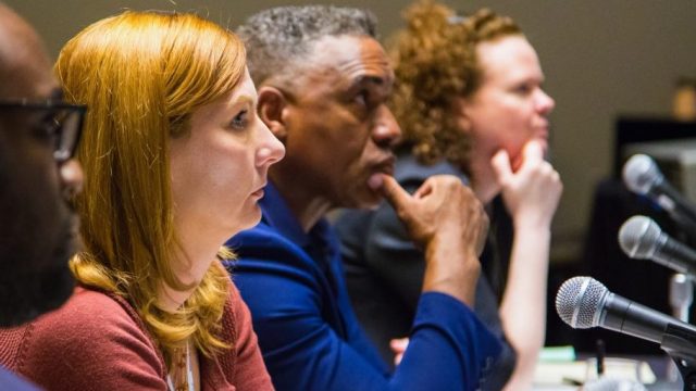 SXSW EDU 2017 Launch competition showdown round judges, Aaron Walker, Corinne Weisgerber, Darryl Adams and Eileen Murphy Buckley.