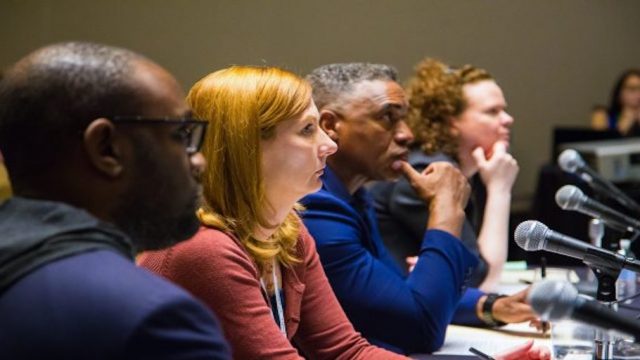 SXSW EDU 2017 Launch competition showdown round judges, Aaron Walker, Corinne Weisgerber, Darryl Adams and Eileen Murphy Buckley.
