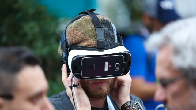SXSW EDU 2017 attendee at Expo trying Samsung Gear VR.
