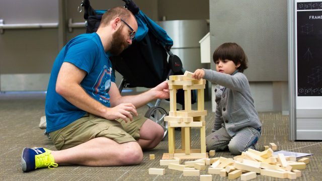 SXSW EDU 2017 Playground photo of dad and son playing with blocks.