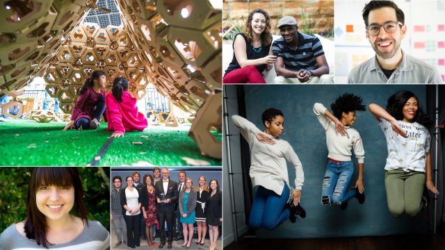 January Festival Announcement (L-R, T-B) Learn by Design finalists HEART board Pyramid, Launch finslists M-Shule team,  Sam Seidel, Raechel French, Launch finslists PAIRIN team, STEP film.