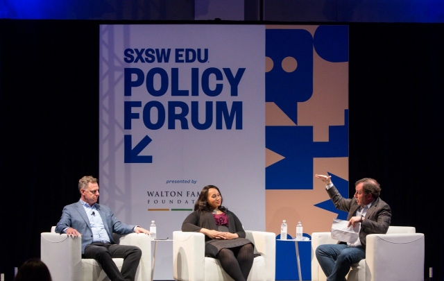 Scott Peters, Alex Smith, and Scott Thompson, SXSW EDU 2018 Policy Forum session, From DC toMemphis: Solving the#StudentDebtCrisis. Photo By Steve Rogers.