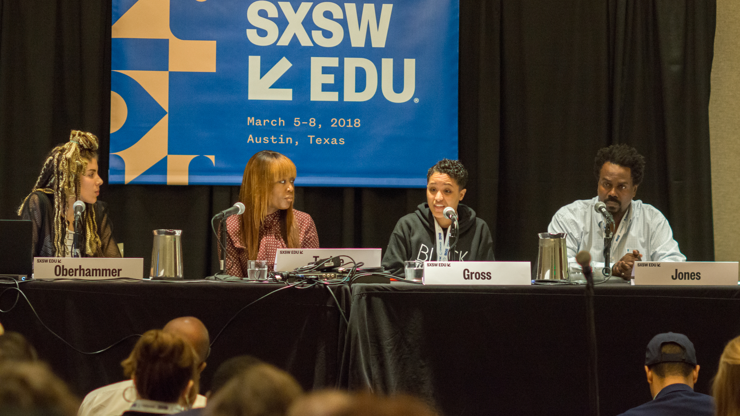 SXSW EDU 2018 panel, Let's Teach About Race, featuring Akiea Gross (Equitable Schools), Timothy Jones (HipHopEd), Tierney Oberhammer (Flocabulary), and Yvonne Tackie (Friendship Public Charter Schools). 