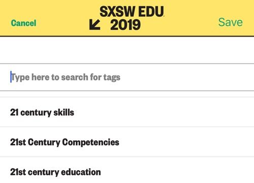 SXSW EDU 2019 mobile app profile tags.