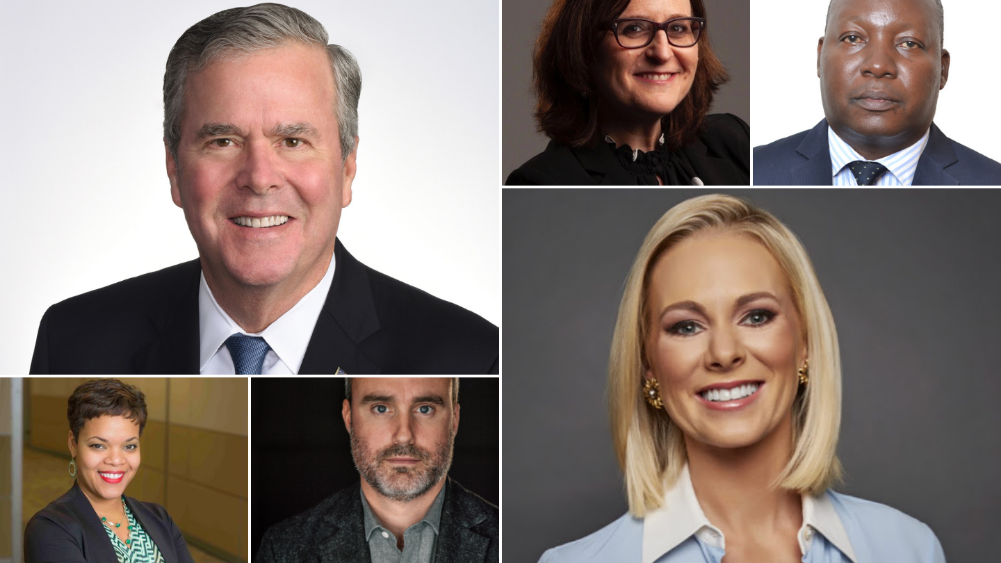 Jeb Bush, Laura Meckler, Edward Ssebukyu, Kafi Kumasi, Stayton Bonner, and Margaret Hoover.