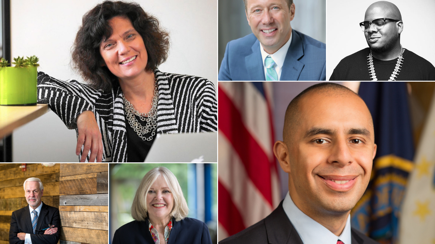 SXSW EDU 2019 speakers (t-b, l-r) Connie Yowell, ayor Shane Bemis, Rob English, Paul LeBlanc, Jane Oates, and Mayor Jorge Elorza.