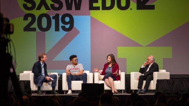 SXSW EDU 2019 keynote, Building Community: Weaving America's Social Fabric with Darius Baxter, David Brooks, Lisa Fitzpatrick, and Dan Porterfield.