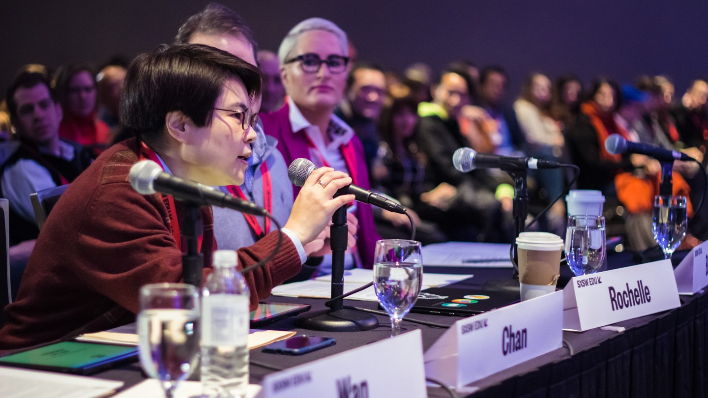 SXSW EDU 2019 Launch competition judges Vince Chan, Jonathan Rochelle, and Bridget Burns. Photo by Holly Jee.