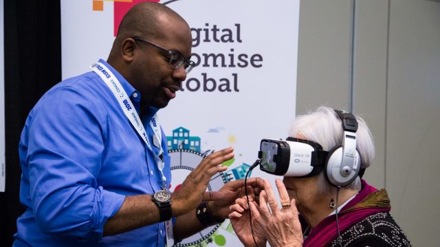 Trying VR headset during the SXSW EDU 2018 Playground exhibition. Photo by Kit McNeil.
